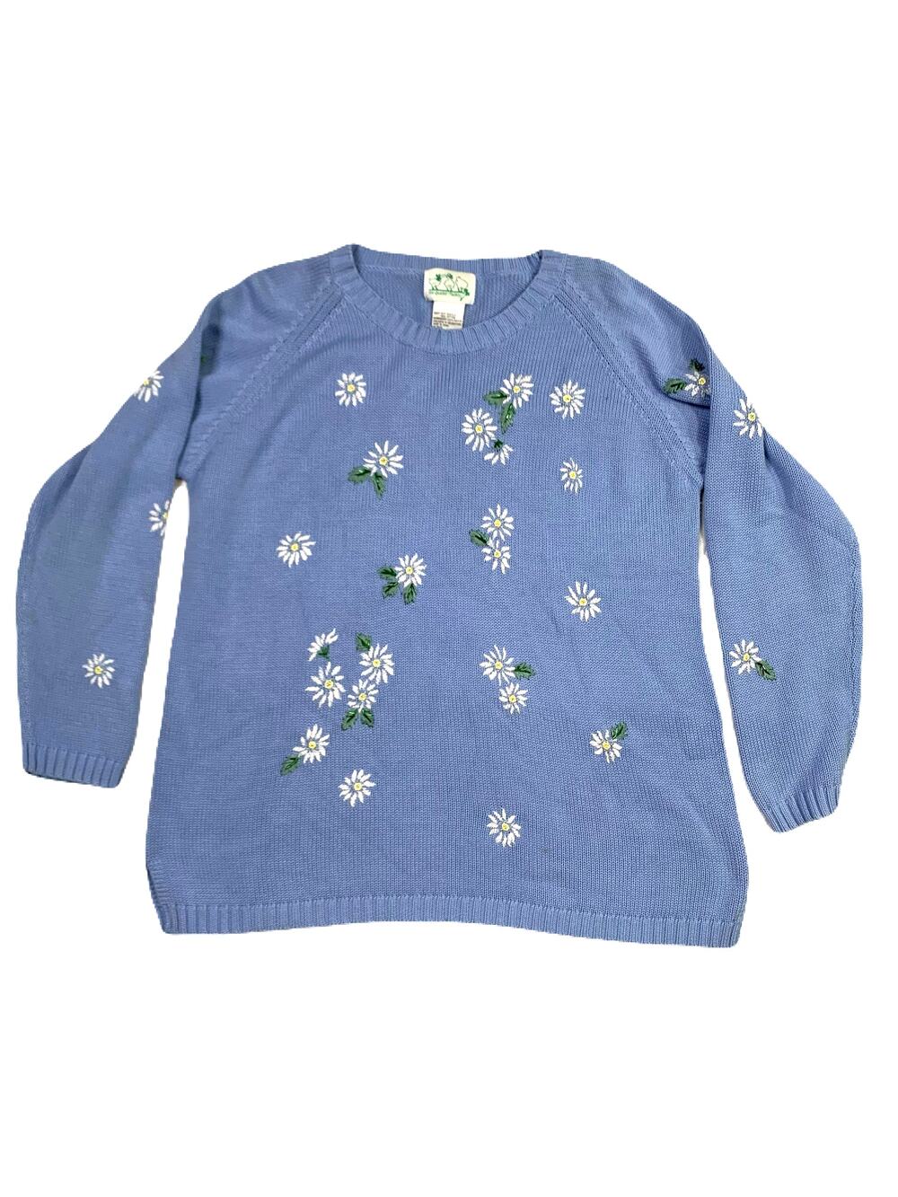 Quacker Factory Blue Pullover White Daisy Spring Cozy Americana Sweater Large